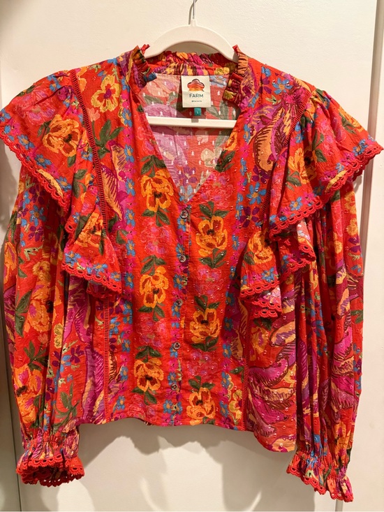 FARM Rio Tops - FARM Rio Vibrant Red Floral Ruffle Button-Front Blouse